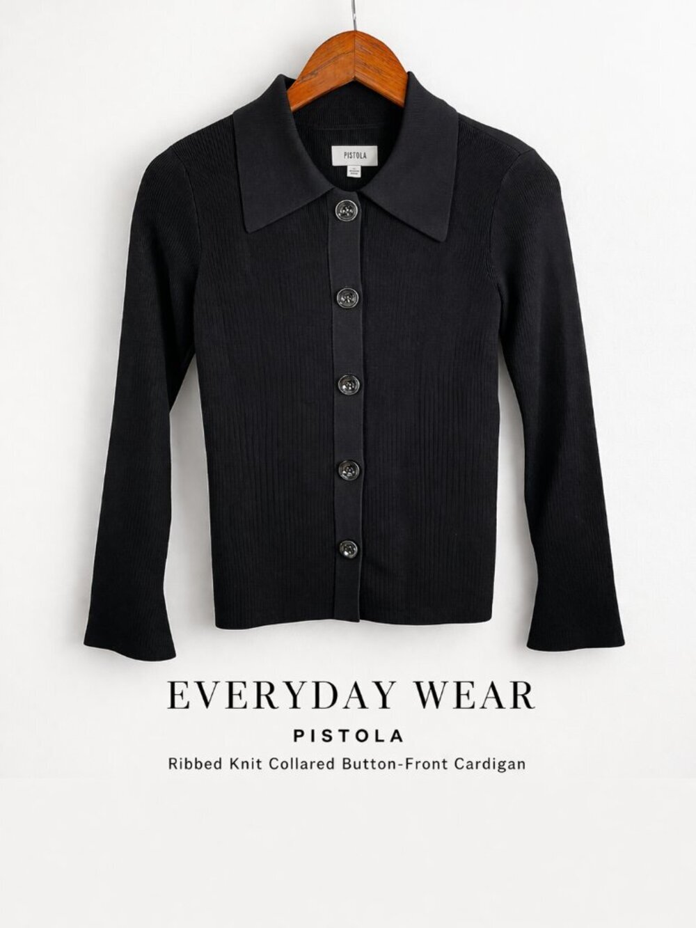 Pistola Ribbed Button Front Cardigan Black Collared Knit Top S